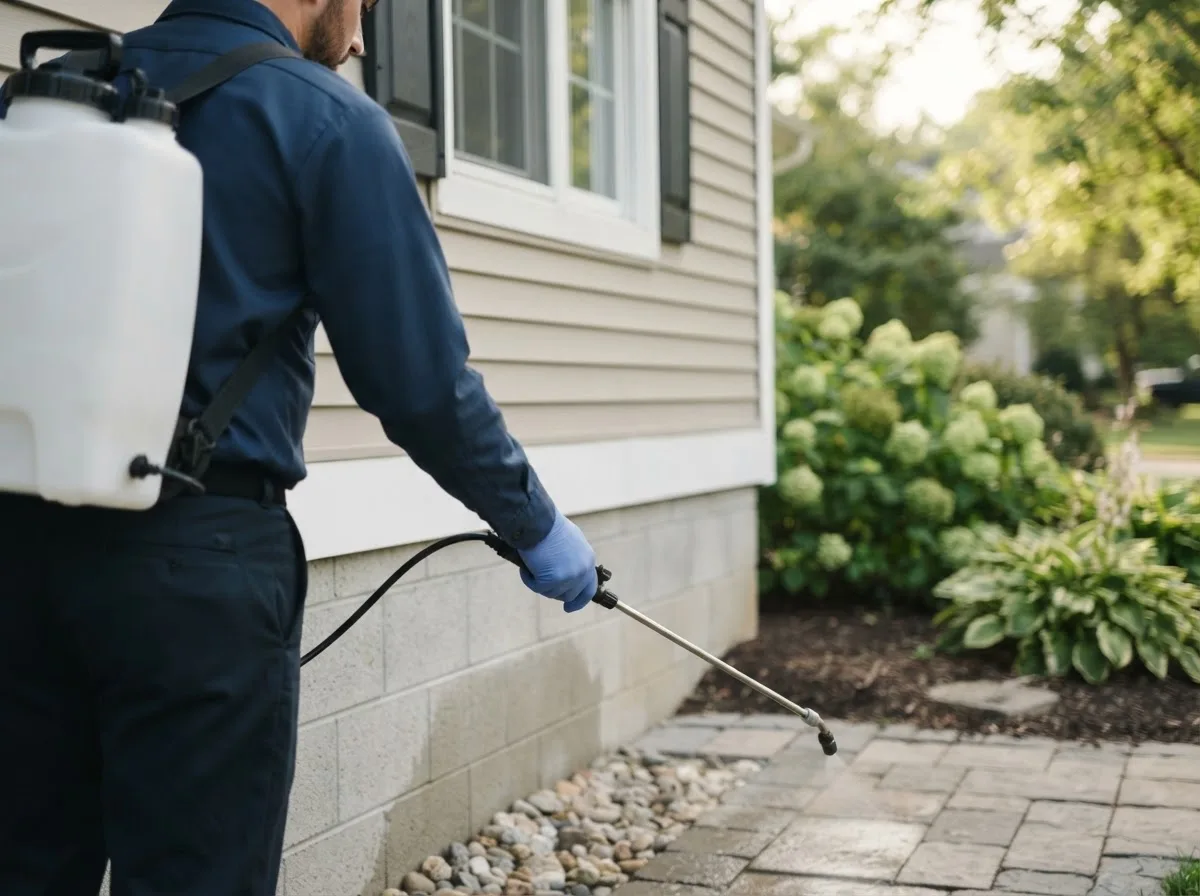 Pest control technician inspecting a home in Village Mills, TX